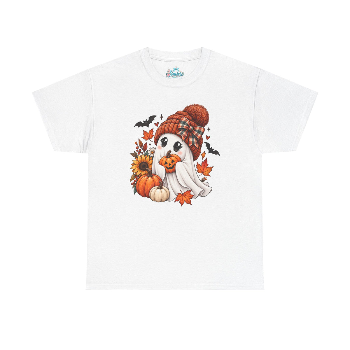 Cute Ghost Wearing Knit Hat Tee | Halloween Fall Pumpkin Leaves