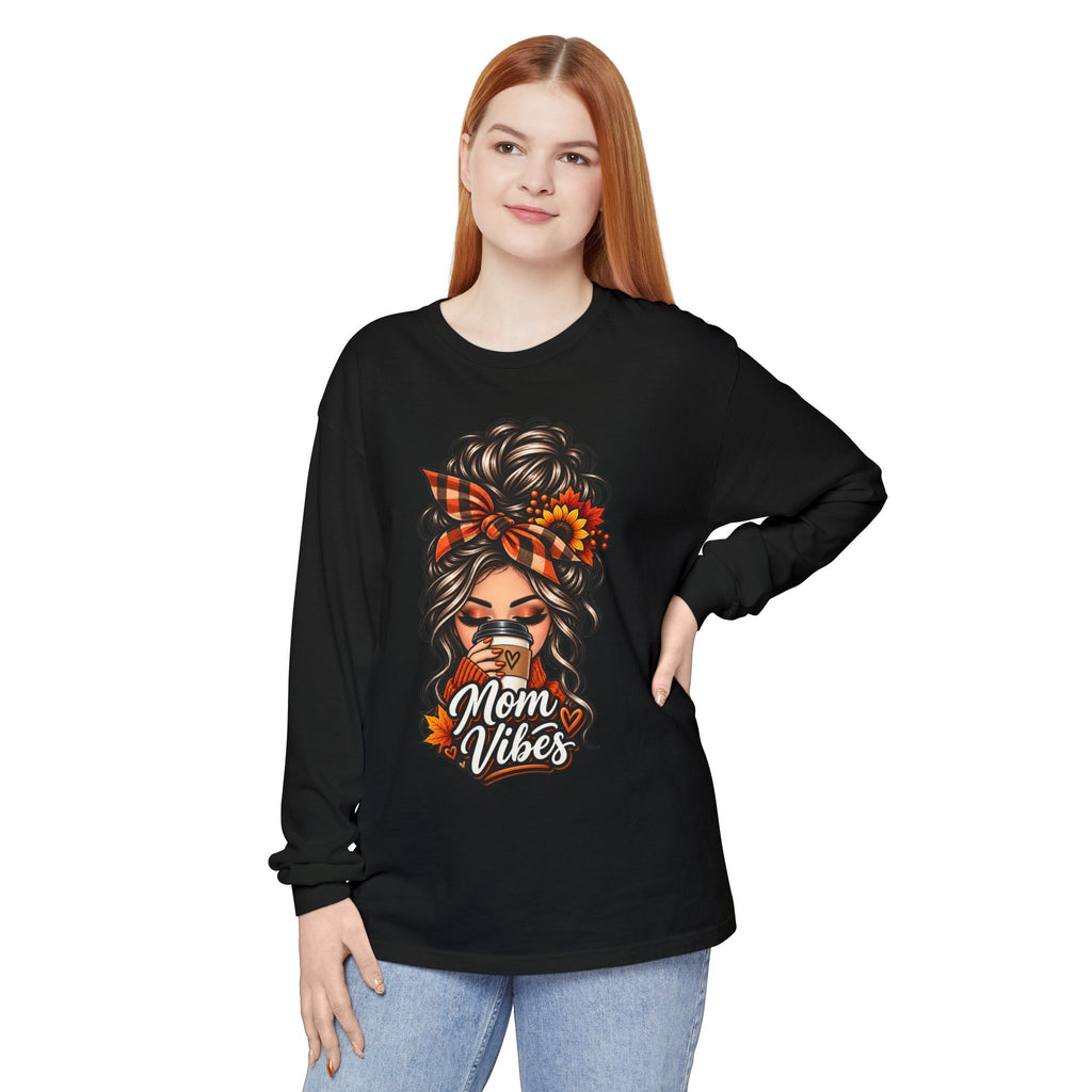 Mom Vibes graphic, Long Sleeve T-Shirt | Messy Bun Coffee Design