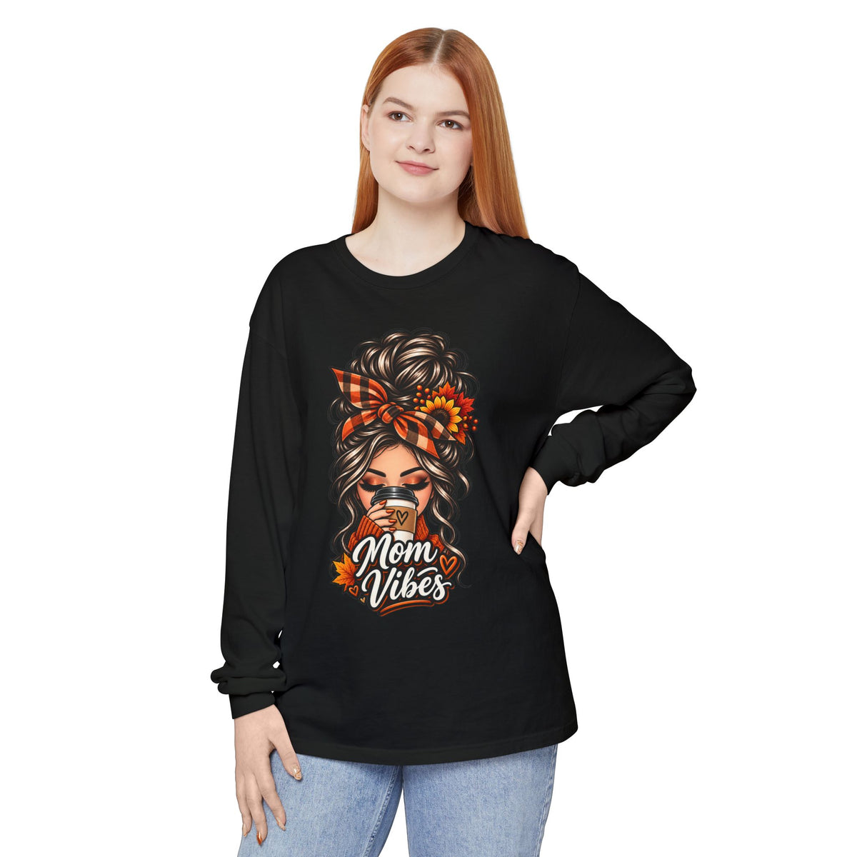 Mom Vibes graphic, Long Sleeve T-Shirt | Messy Bun Coffee Design