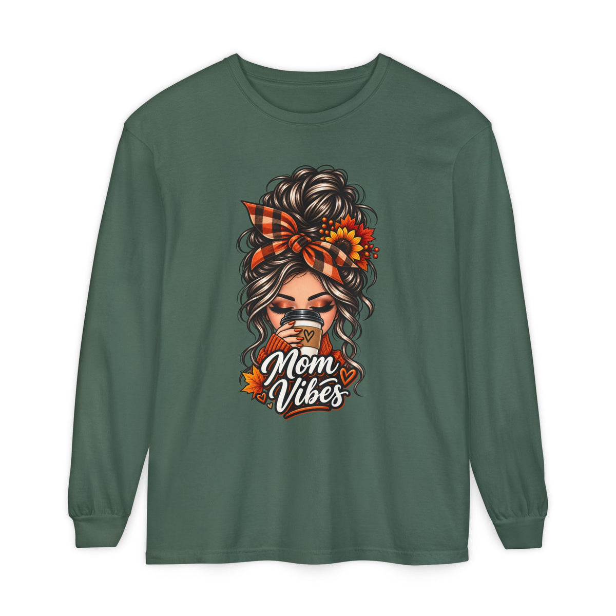 Mom Vibes graphic, Long Sleeve T-Shirt | Messy Bun Coffee Design