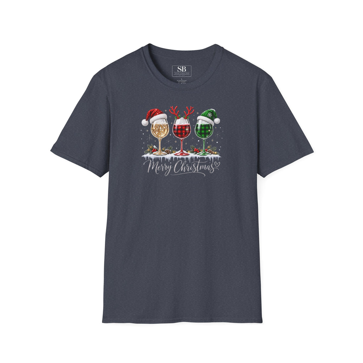 Christmas Wine Glass Trio T-Shirt | Holiday Wine Glasses with Santa Hats
