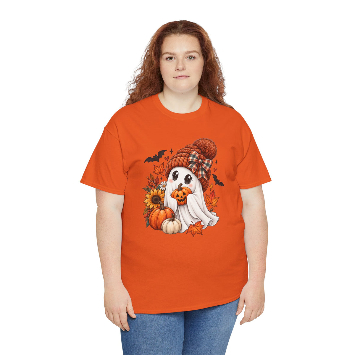 Cute Ghost Wearing Knit Hat Tee | Halloween Fall Pumpkin Leaves