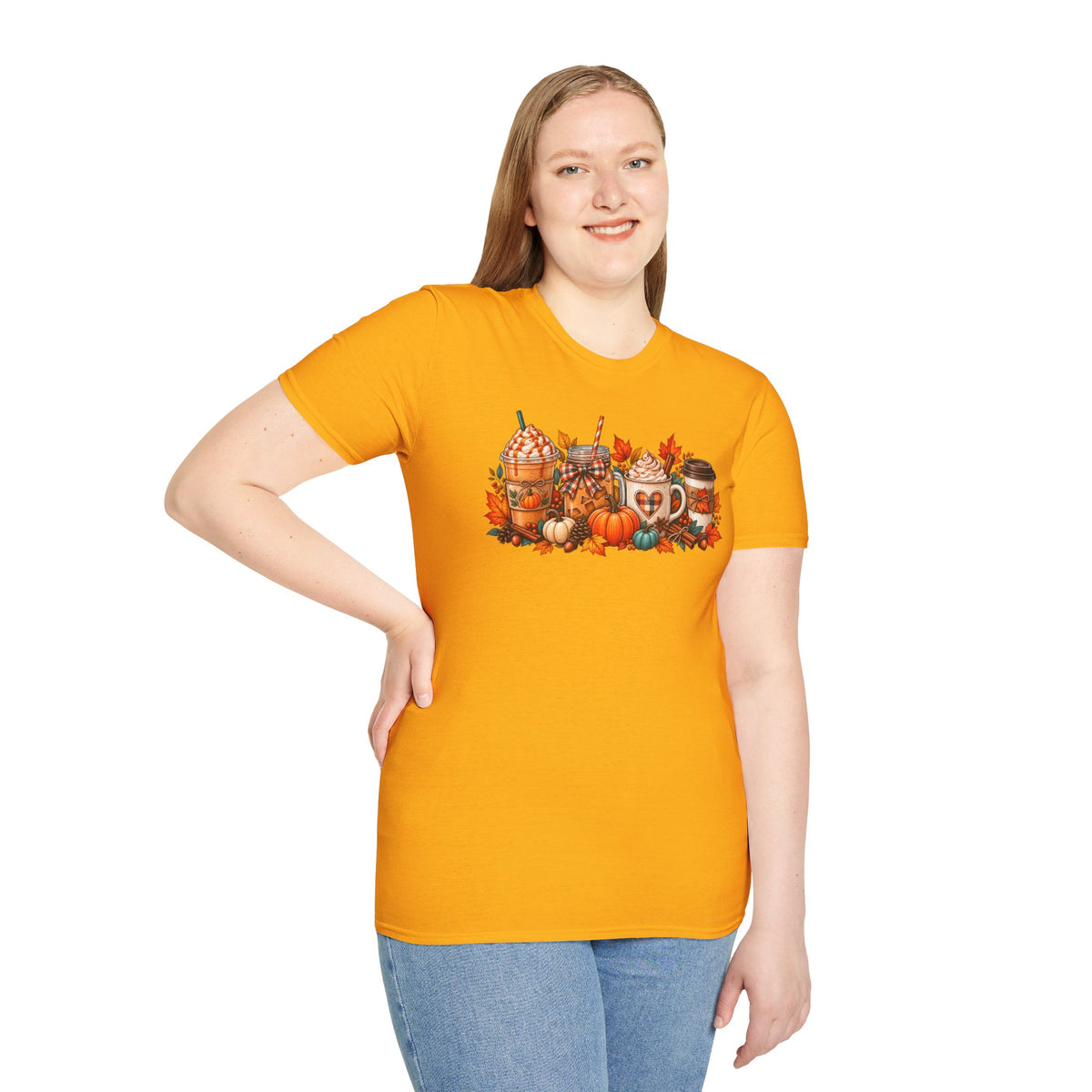 Pumpkin Spice Coffee Cups T-Shirt | Fall Pumpkin Latte Autumn Leaves