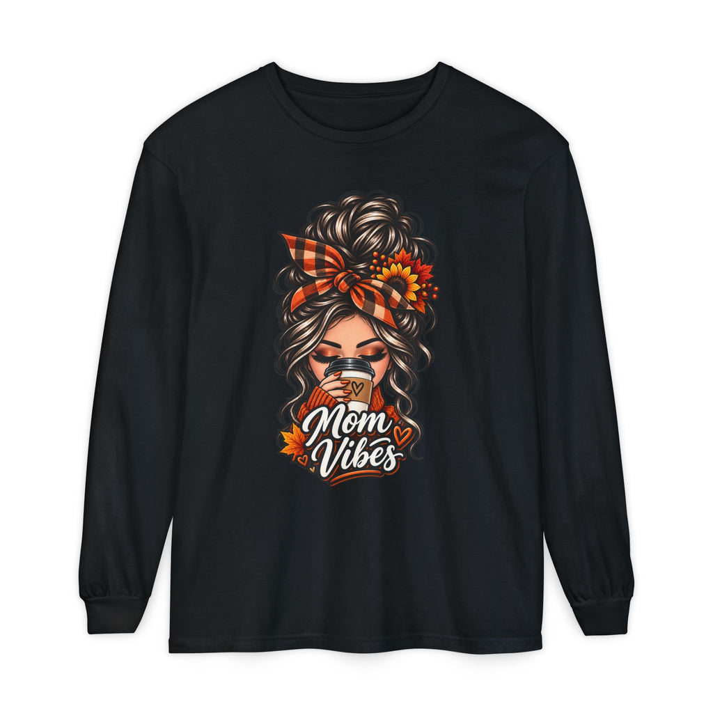Mom Vibes graphic, Long Sleeve T-Shirt | Messy Bun Coffee Design
