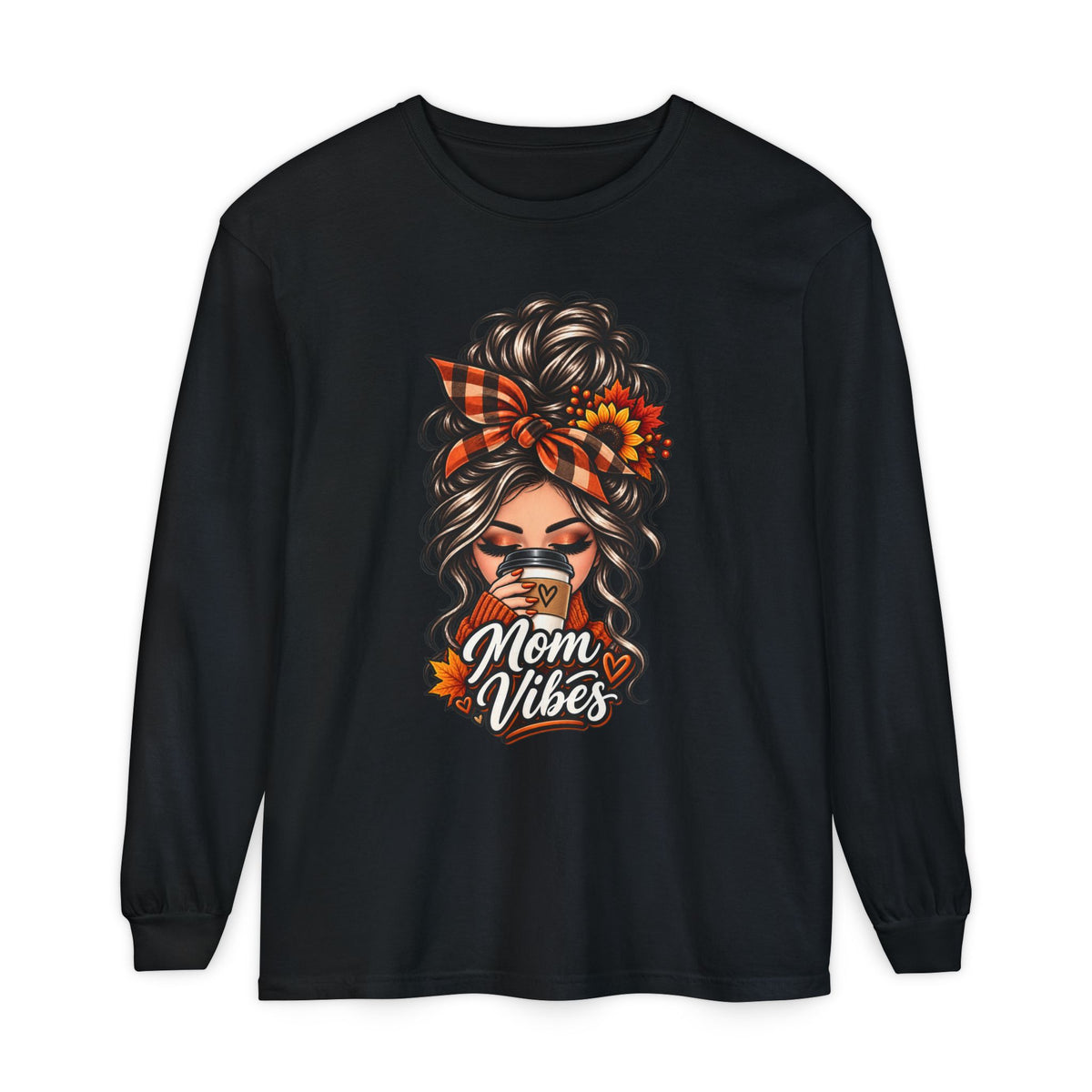 Mom Vibes graphic, Long Sleeve T-Shirt | Messy Bun Coffee Design