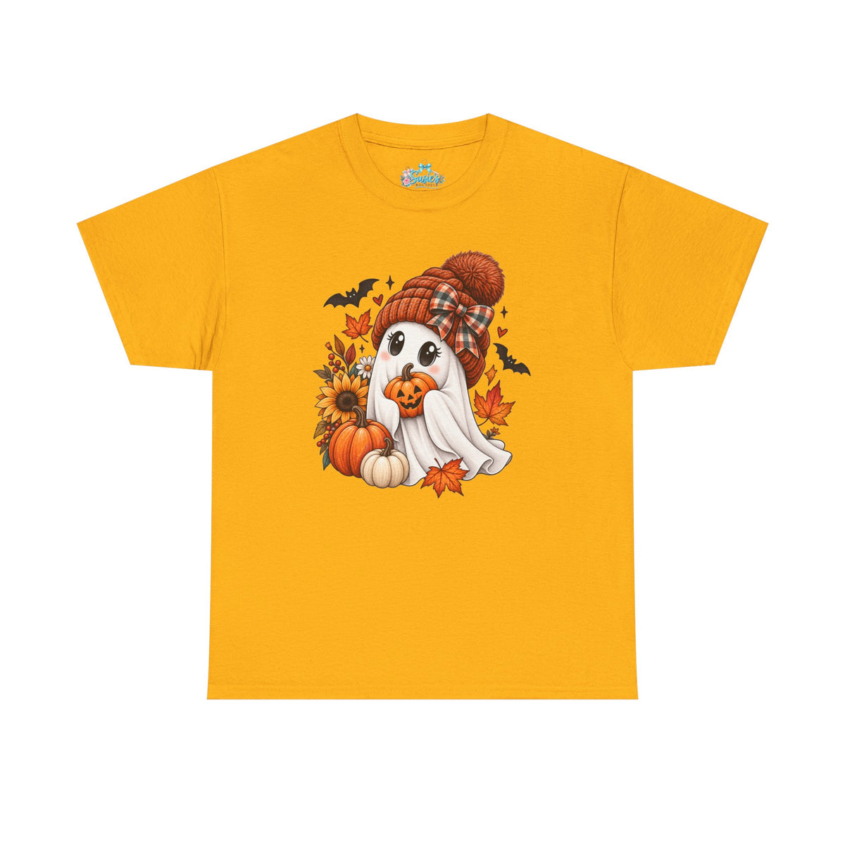 Cute Ghost Wearing Knit Hat Tee | Halloween Fall Pumpkin Leaves