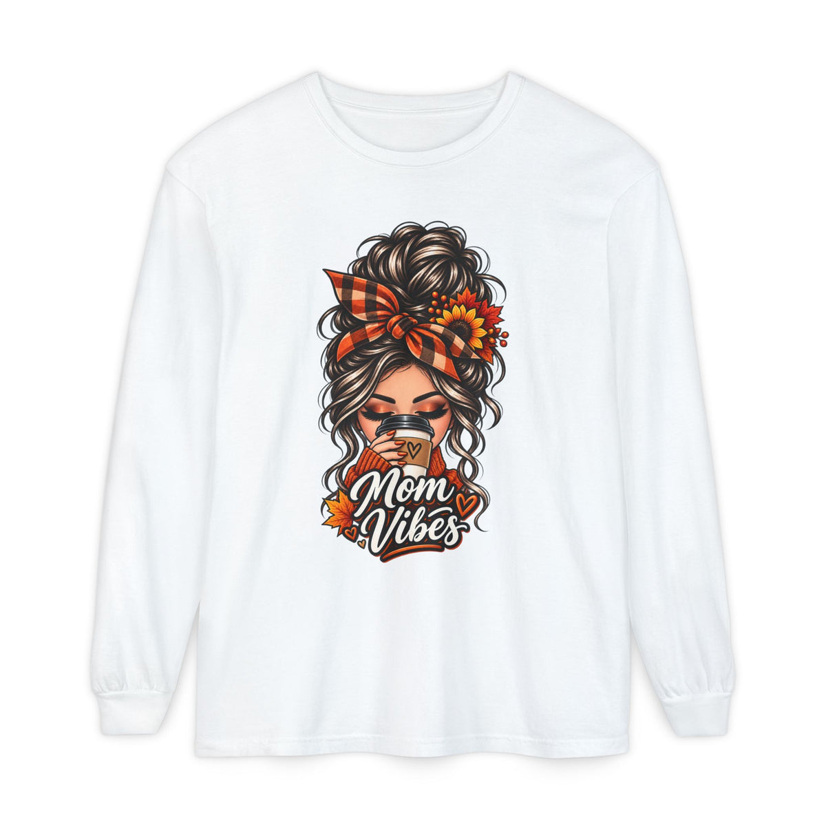 Mom Vibes graphic, Long Sleeve T-Shirt | Messy Bun Coffee Design