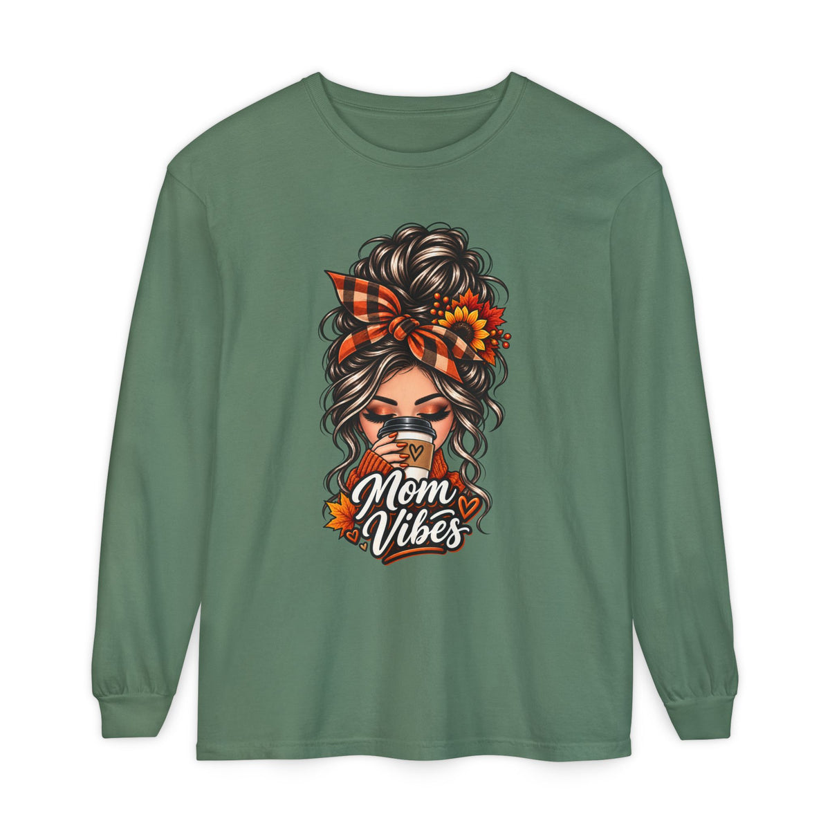 Mom Vibes graphic, Long Sleeve T-Shirt | Messy Bun Coffee Design