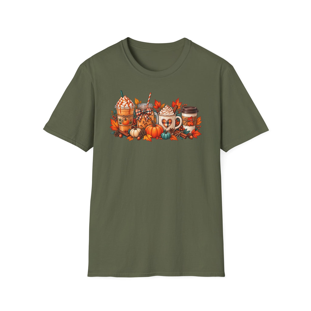 Pumpkin Spice Coffee Cups T-Shirt | Fall Pumpkin Latte Autumn Leaves
