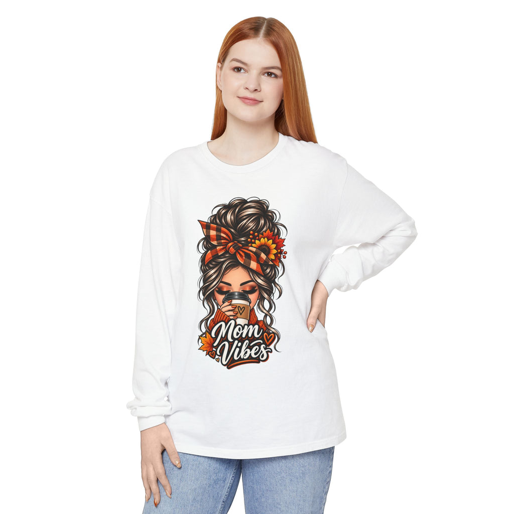 Mom Vibes graphic, Long Sleeve T-Shirt | Messy Bun Coffee Design
