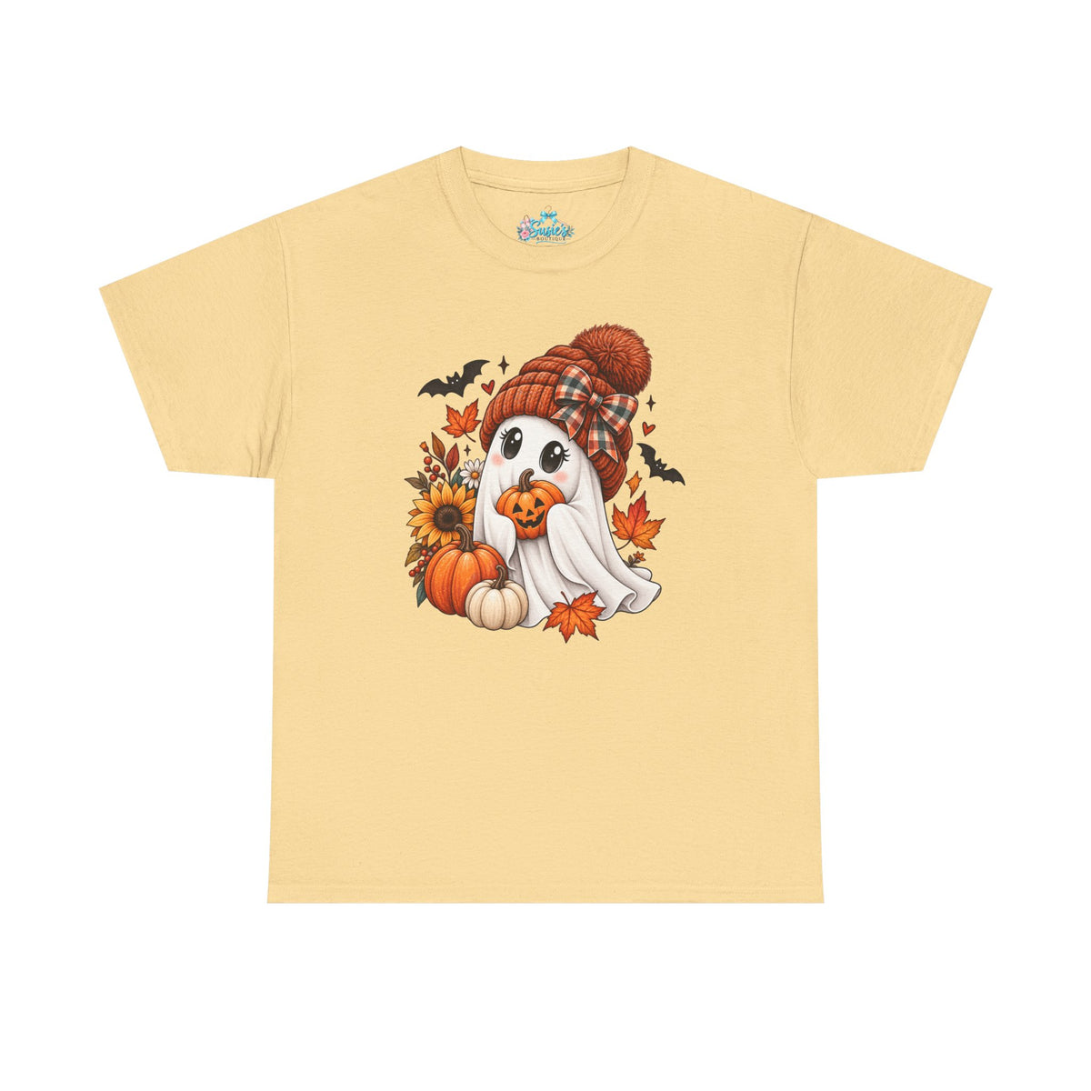 Cute Ghost Wearing Knit Hat Tee | Halloween Fall Pumpkin Leaves