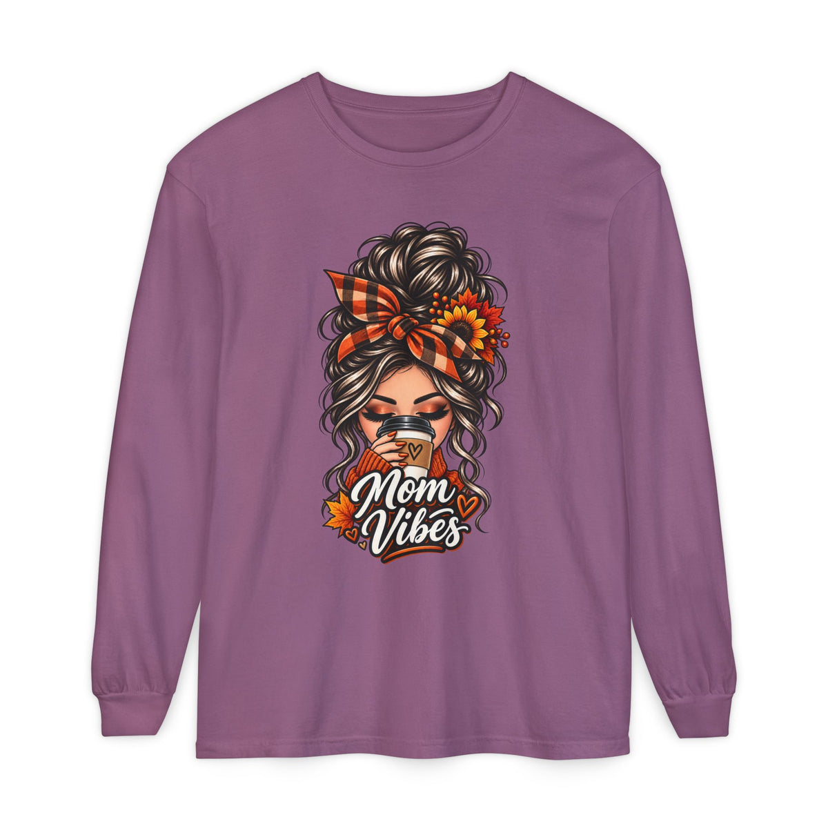 Mom Vibes graphic, Long Sleeve T-Shirt | Messy Bun Coffee Design