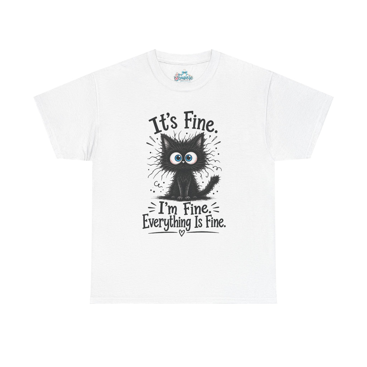 Fluffy Frazzled Black Cat It's Fine T-Shirt | Funny Cat Quote Tee