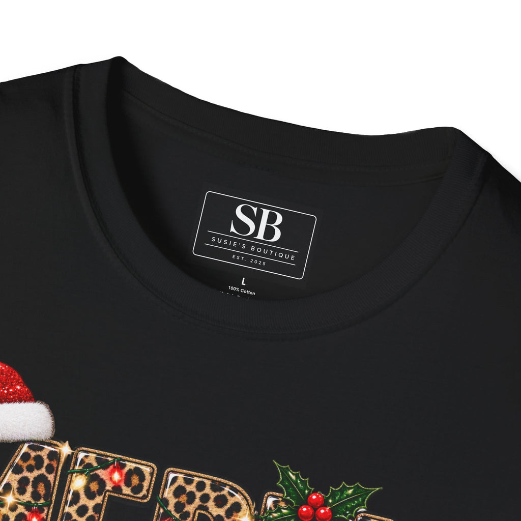 Leopard Print Merry Christmas T-Shirt | Santa Hat Holly Holiday Tee