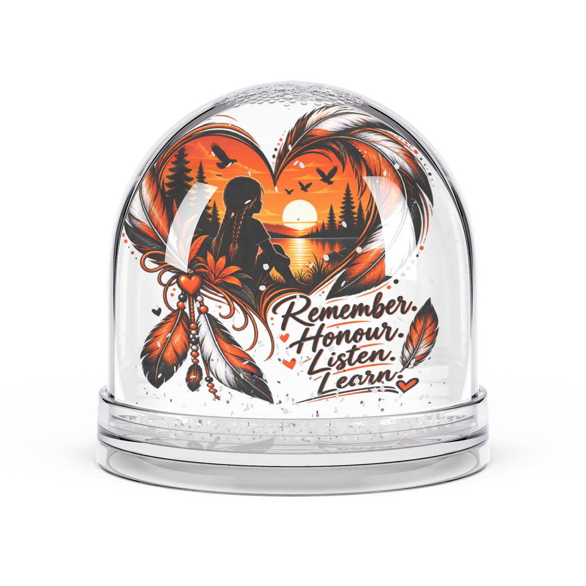 Remember Honour Listen Learn Snow Globe | Indigenous Dreamcatcher Sunset Silhouette
