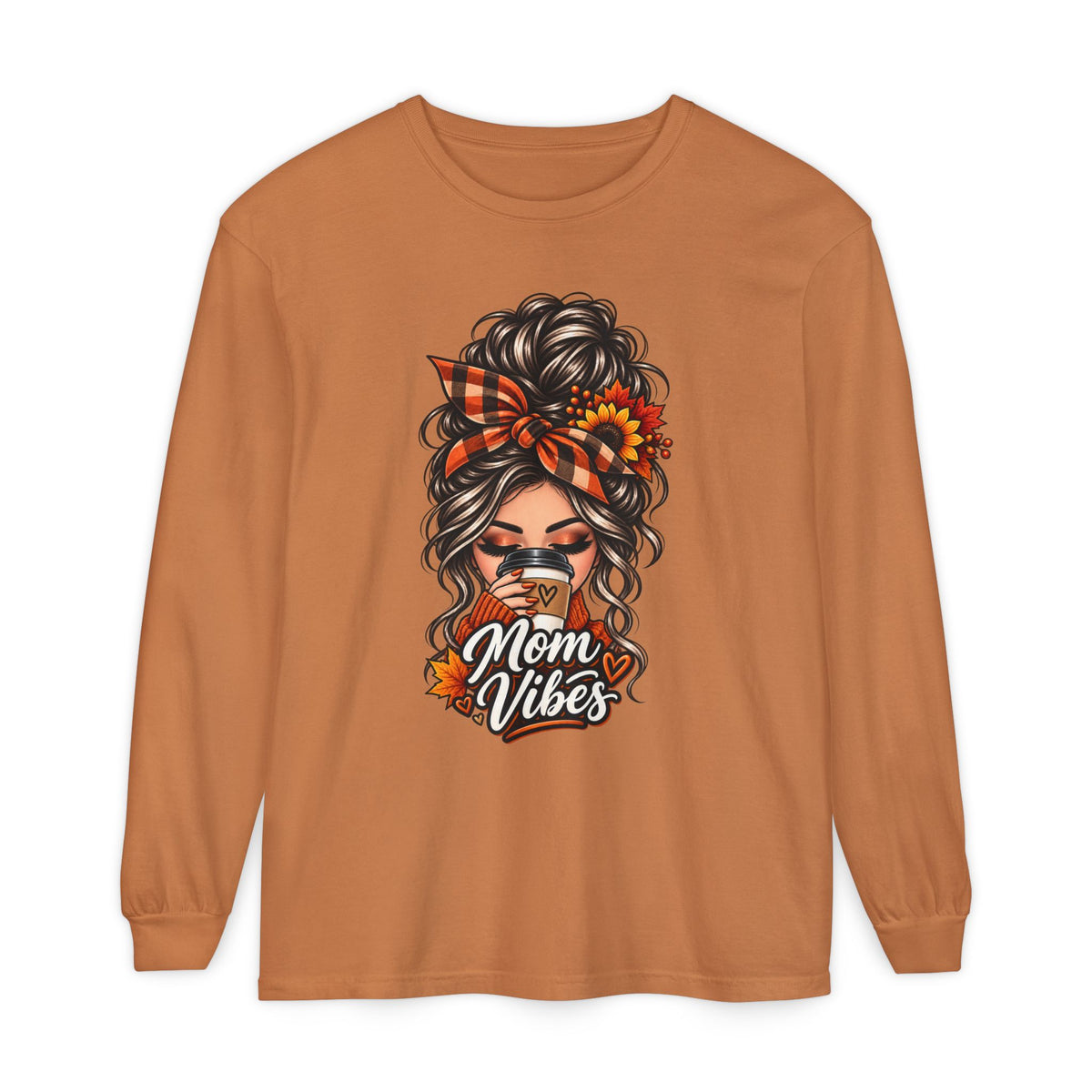 Mom Vibes graphic, Long Sleeve T-Shirt | Messy Bun Coffee Design