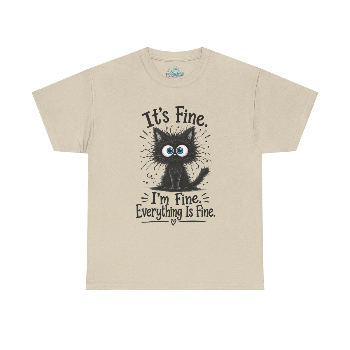 Fluffy Frazzled Black Cat It's Fine T-Shirt | Funny Cat Quote Tee