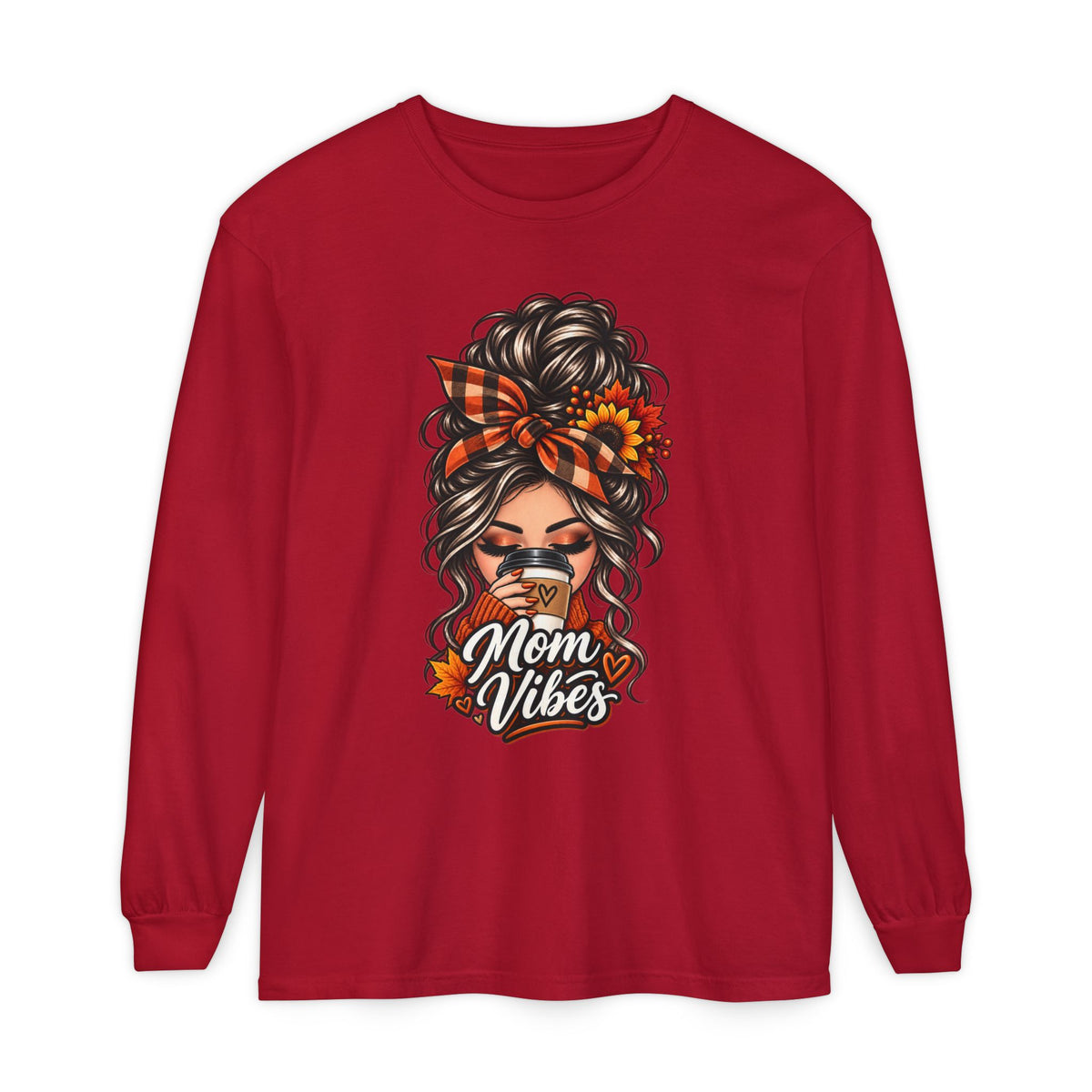 Mom Vibes graphic, Long Sleeve T-Shirt | Messy Bun Coffee Design