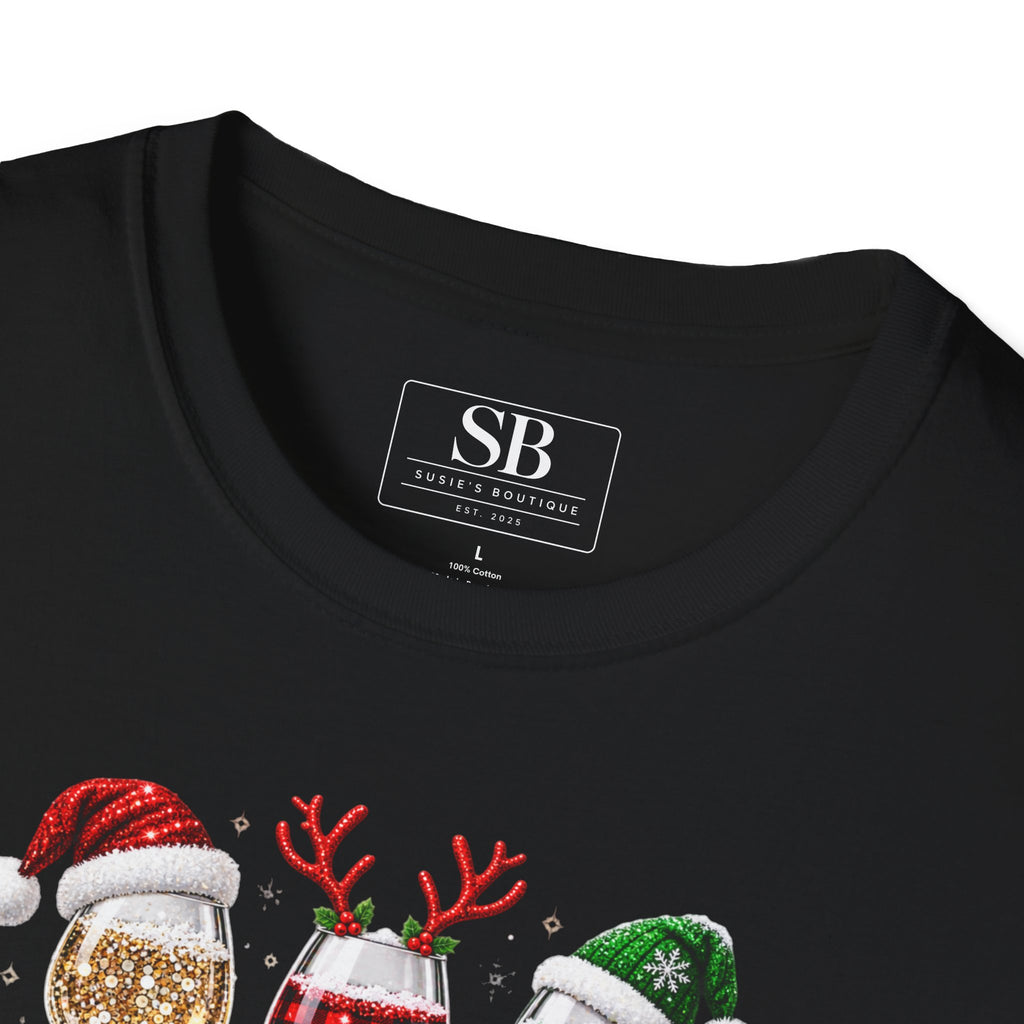 Christmas Wine Glass Trio T-Shirt | Holiday Wine Glasses with Santa Hats