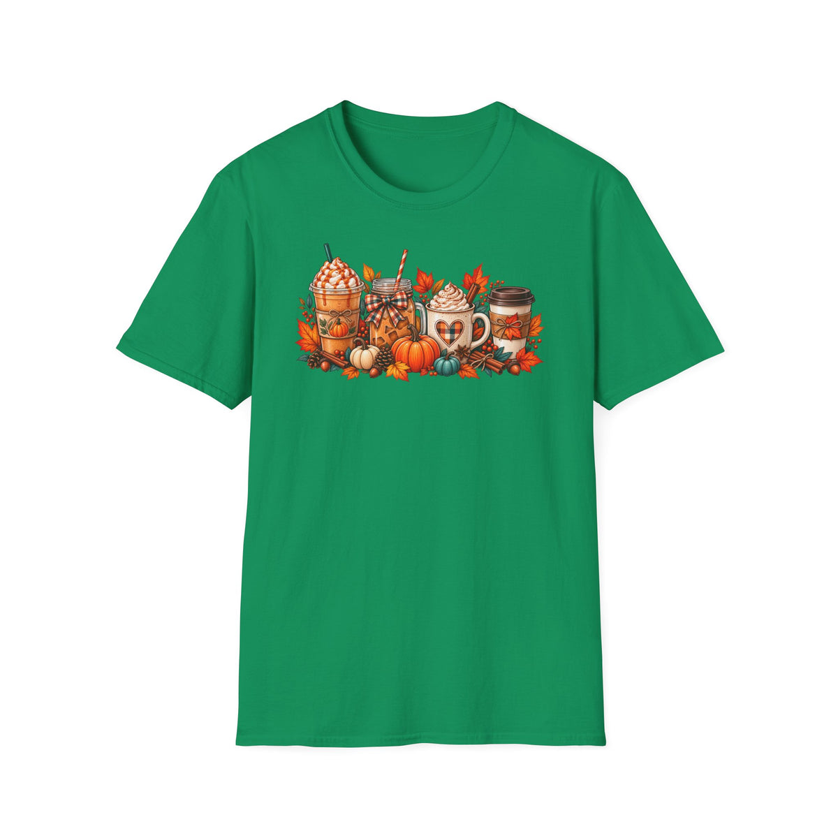 Pumpkin Spice Coffee Cups T-Shirt | Fall Pumpkin Latte Autumn Leaves
