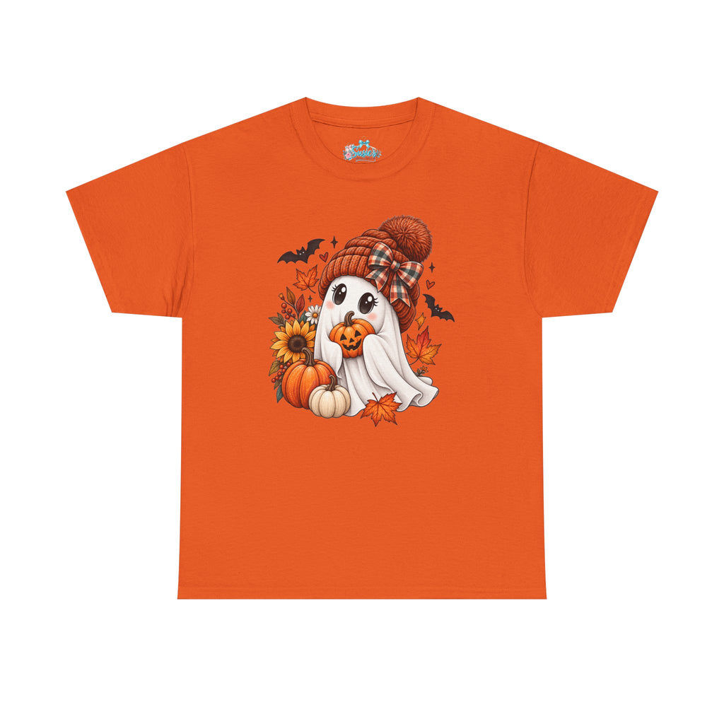Cute Ghost Wearing Knit Hat Tee | Halloween Fall Pumpkin Leaves