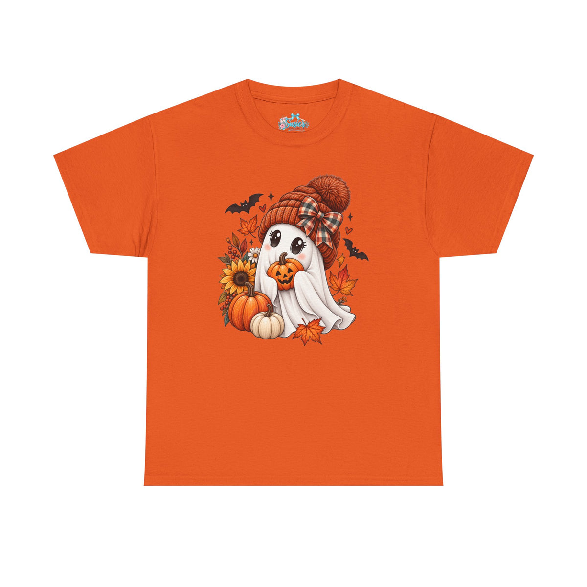 Cute Ghost Wearing Knit Hat Tee | Halloween Fall Pumpkin Leaves