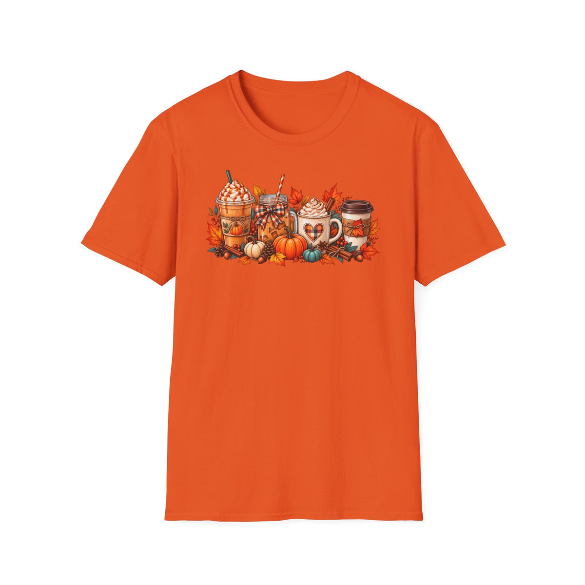 Pumpkin Spice Coffee Cups T-Shirt | Fall Pumpkin Latte Autumn Leaves