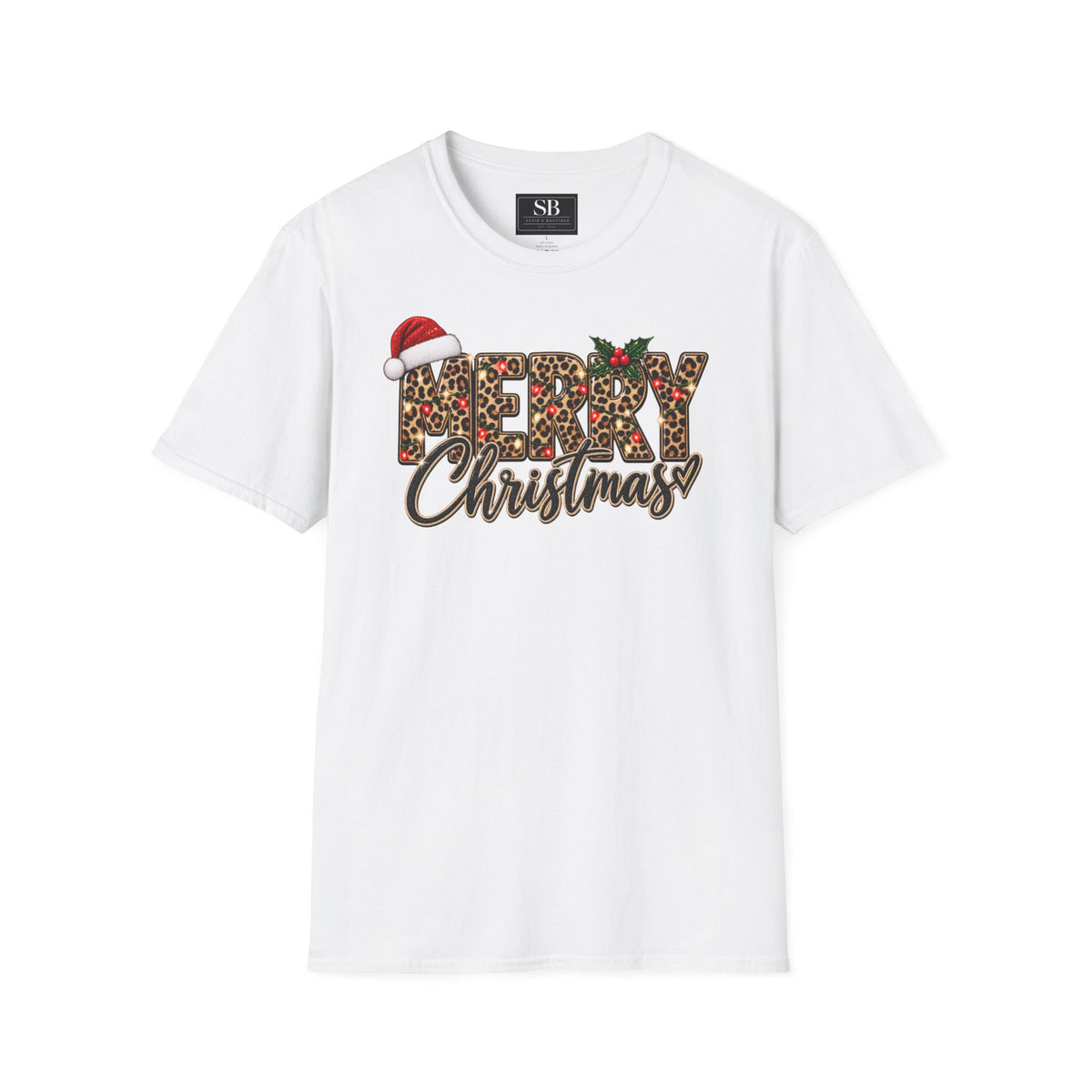 Leopard Print Merry Christmas T-Shirt | Santa Hat Holly Holiday Tee