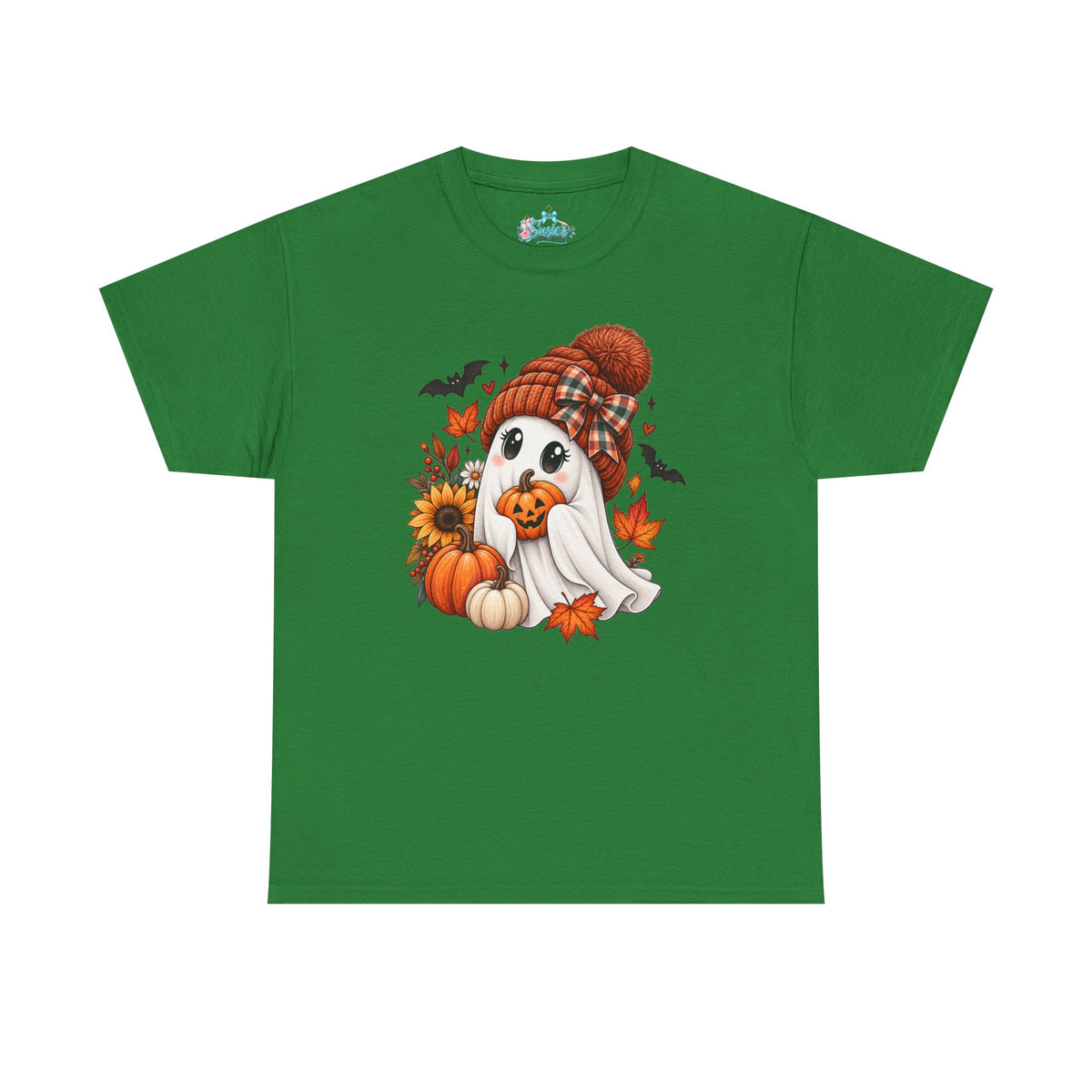 Cute Ghost Wearing Knit Hat Tee | Halloween Fall Pumpkin Leaves