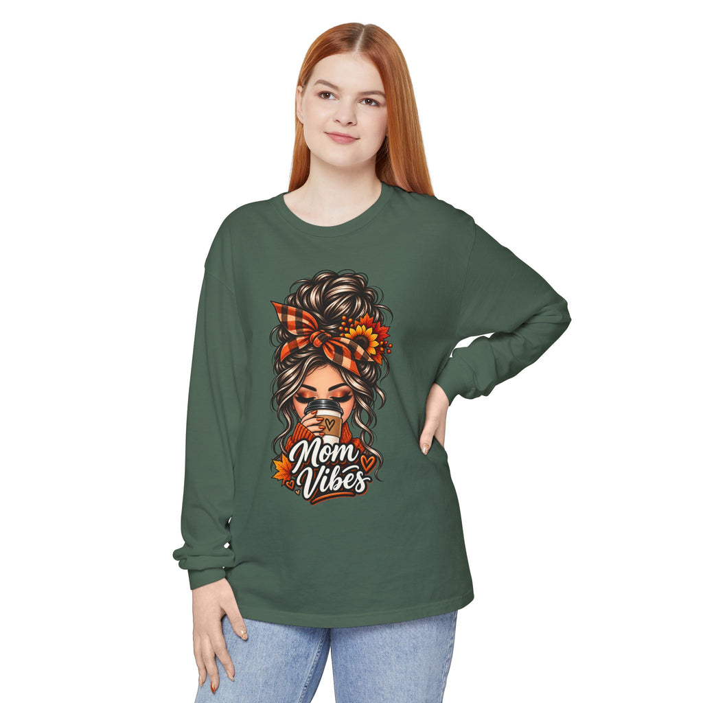 Mom Vibes graphic, Long Sleeve T-Shirt | Messy Bun Coffee Design
