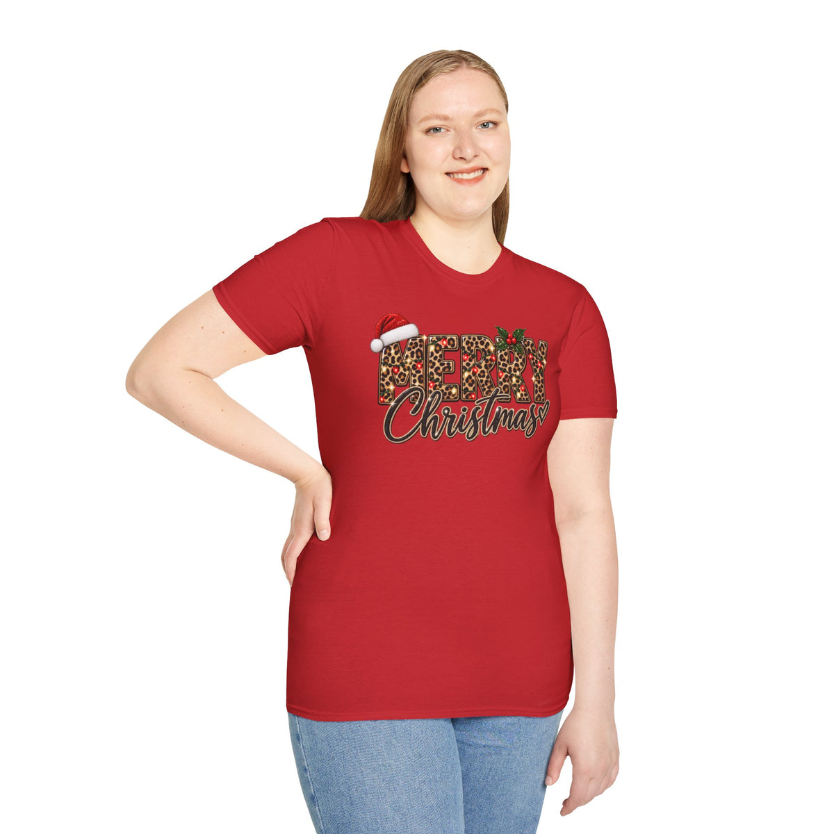 Leopard Print Merry Christmas T-Shirt | Santa Hat Holly Holiday Tee
