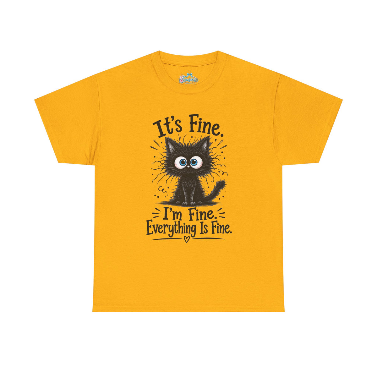 Fluffy Frazzled Black Cat It's Fine T-Shirt | Funny Cat Quote Tee