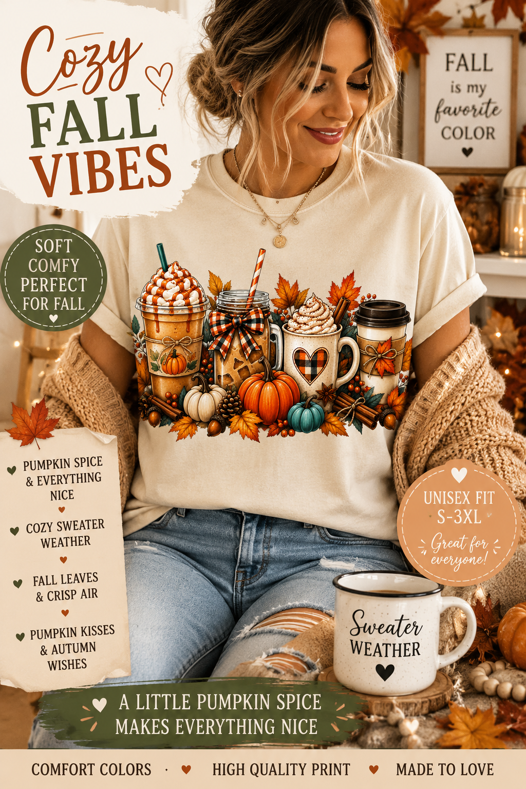 Pumpkin Spice Coffee Cups T-Shirt | Fall Pumpkin Latte Autumn Leaves