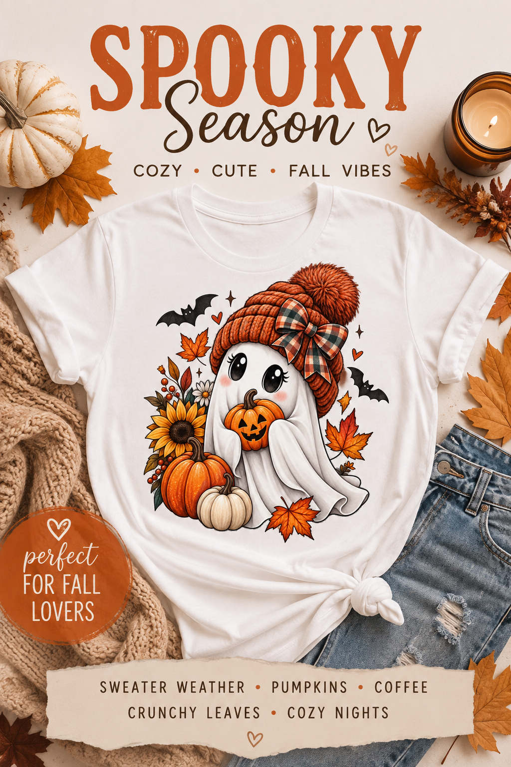 Cute Ghost Wearing Knit Hat Tee | Halloween Fall Pumpkin Leaves