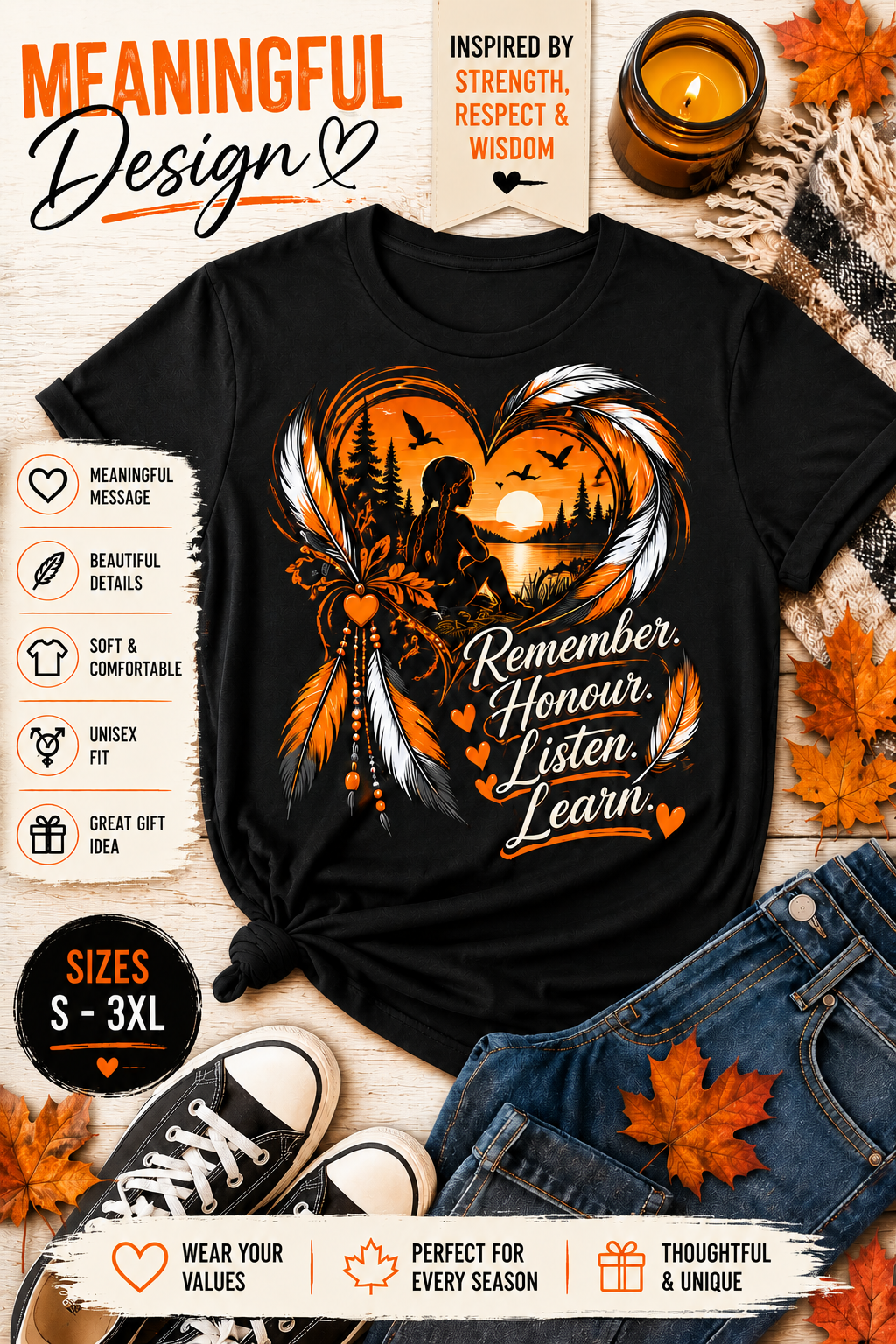 Remember Honour Listen Learn shirt | Silhouette Heart Sunset Tee