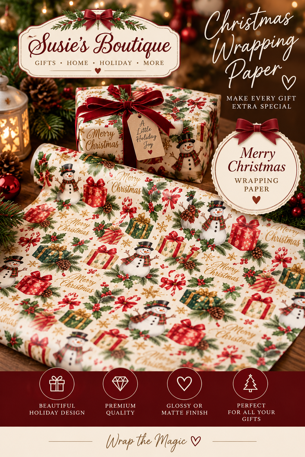 Merry Christmas Snowman and Gifts Wrapping Paper | Holiday Gift Wrap Roll