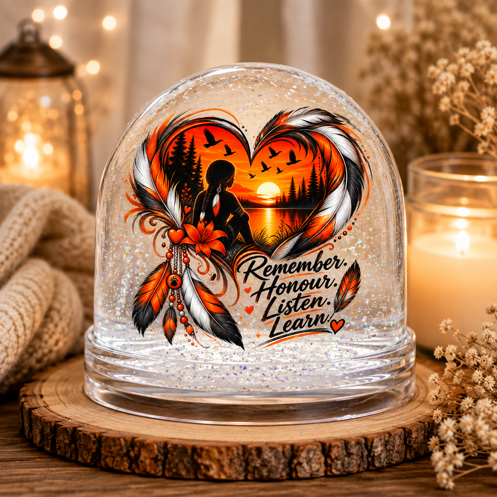 Remember Honour Listen Learn Snow Globe | Indigenous Dreamcatcher Sunset Silhouette