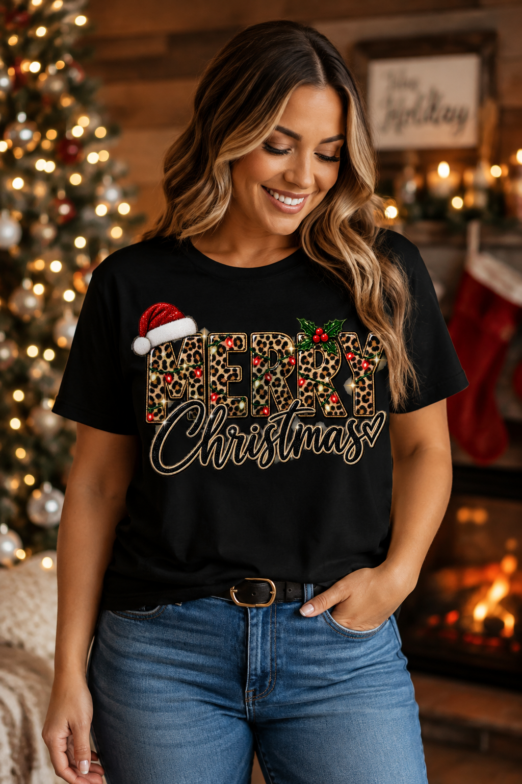 Leopard Print Merry Christmas T-Shirt | Santa Hat Holly Holiday Tee