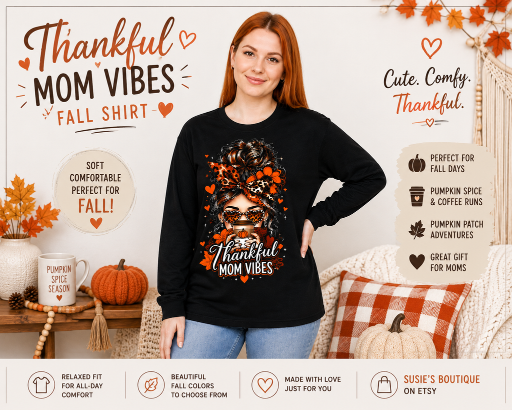 Mom Vibes graphic, Long Sleeve T-Shirt | Messy Bun Coffee Design