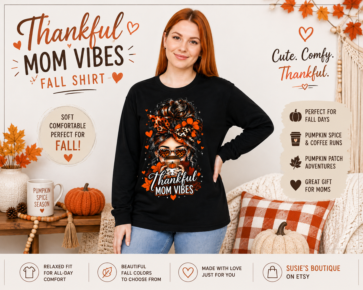 Mom Vibes graphic, Long Sleeve T-Shirt | Messy Bun Coffee Design