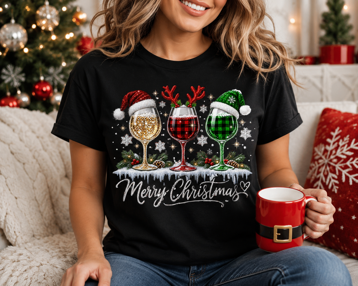 Christmas Wine Glass Trio T-Shirt | Holiday Wine Glasses with Santa Hats