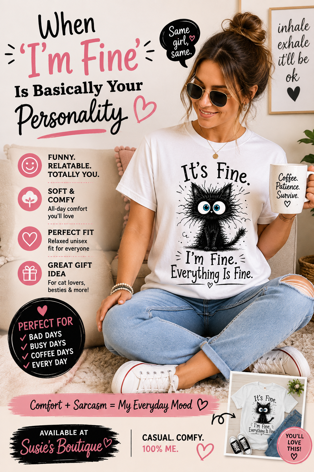 Fluffy Frazzled Black Cat It's Fine T-Shirt | Funny Cat Quote Tee