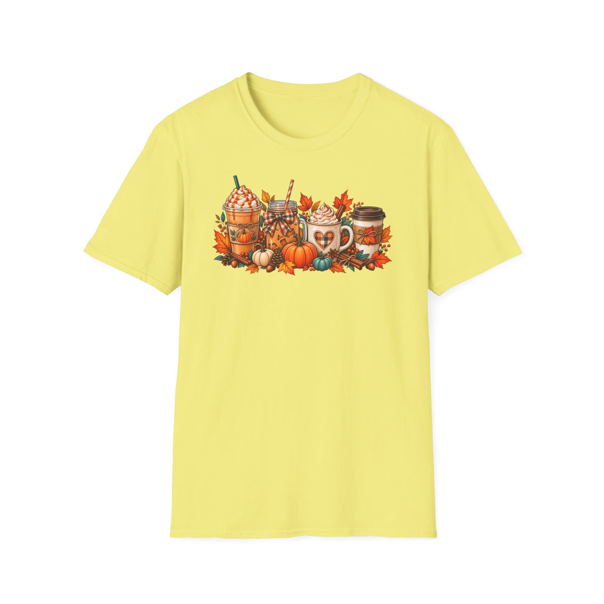Pumpkin Spice Coffee Cups T-Shirt | Fall Pumpkin Latte Autumn Leaves
