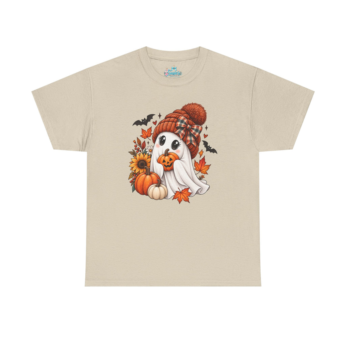 Cute Ghost Wearing Knit Hat Tee | Halloween Fall Pumpkin Leaves