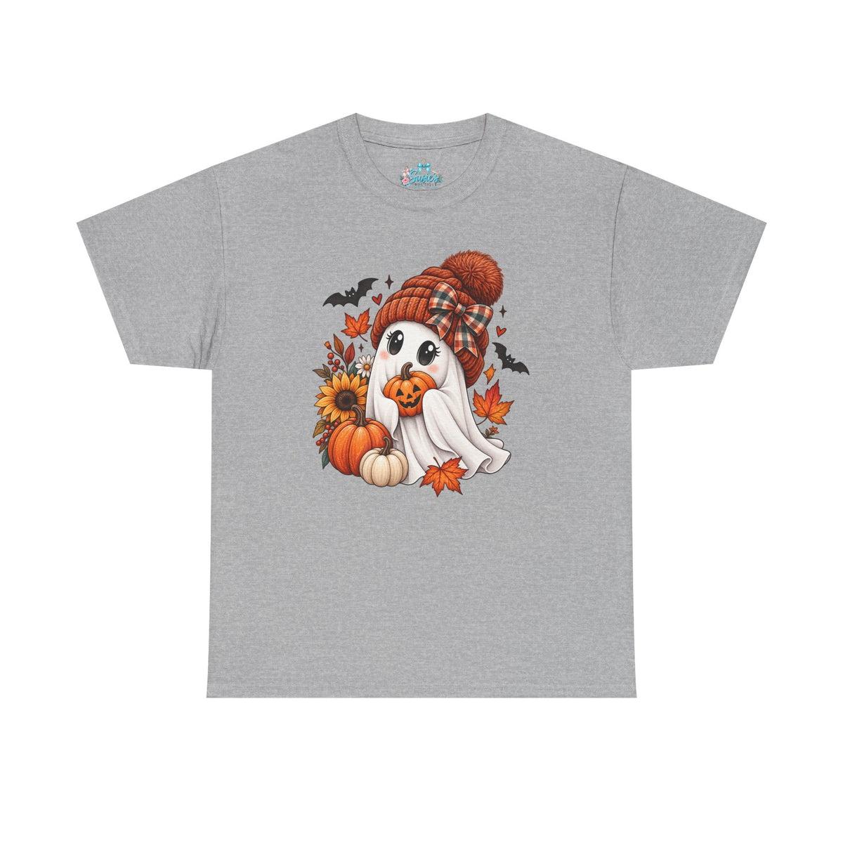 Cute Ghost Wearing Knit Hat Tee | Halloween Fall Pumpkin Leaves