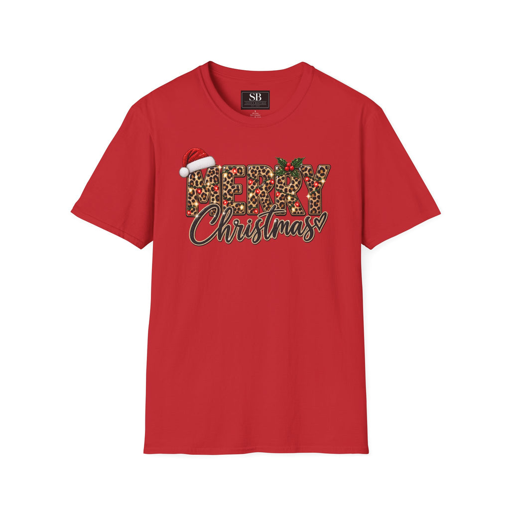 Leopard Print Merry Christmas T-Shirt | Santa Hat Holly Holiday Tee
