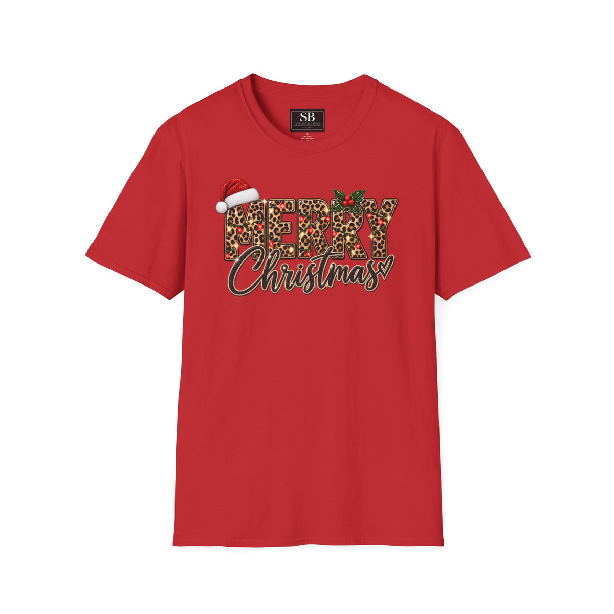 Leopard Print Merry Christmas T-Shirt | Santa Hat Holly Holiday Tee