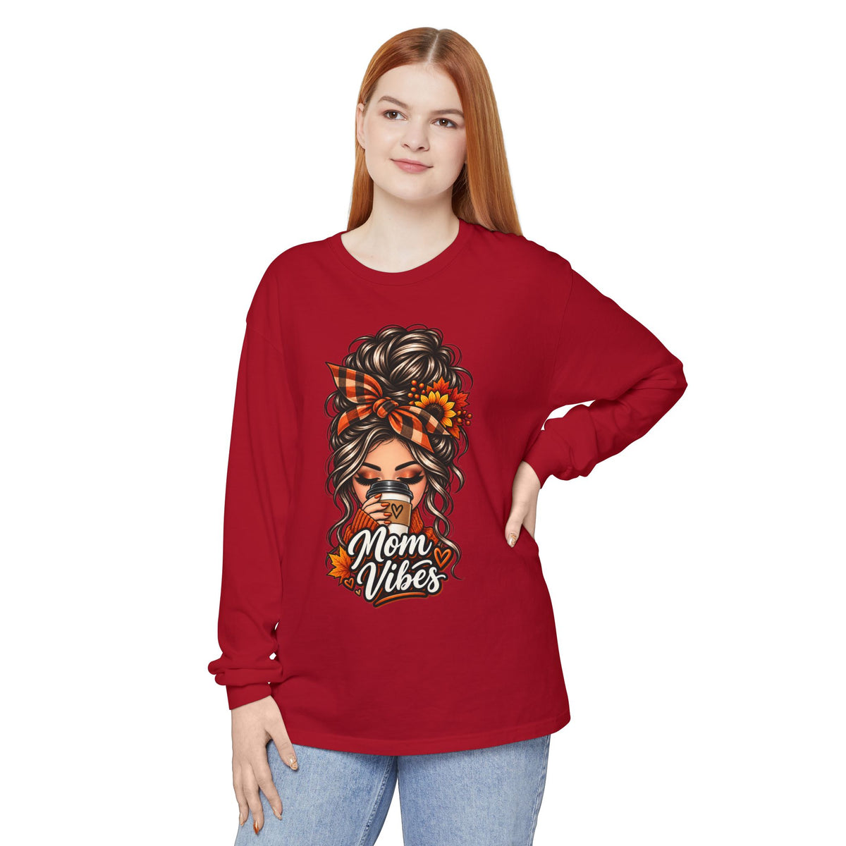 Mom Vibes graphic, Long Sleeve T-Shirt | Messy Bun Coffee Design