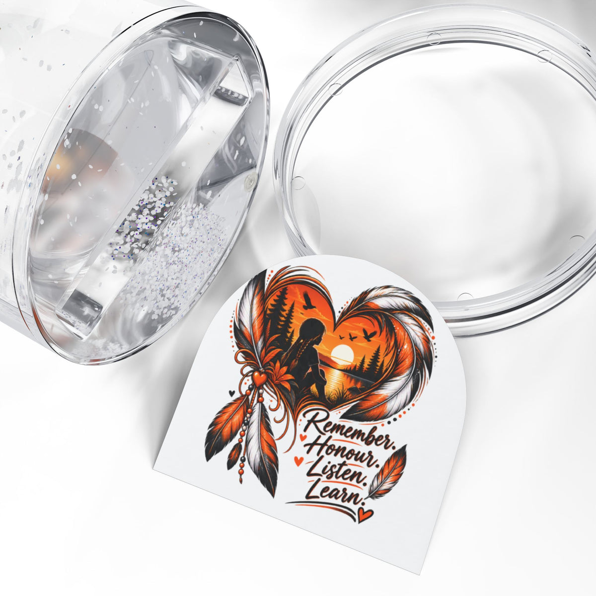 Remember Honour Listen Learn Snow Globe | Indigenous Dreamcatcher Sunset Silhouette