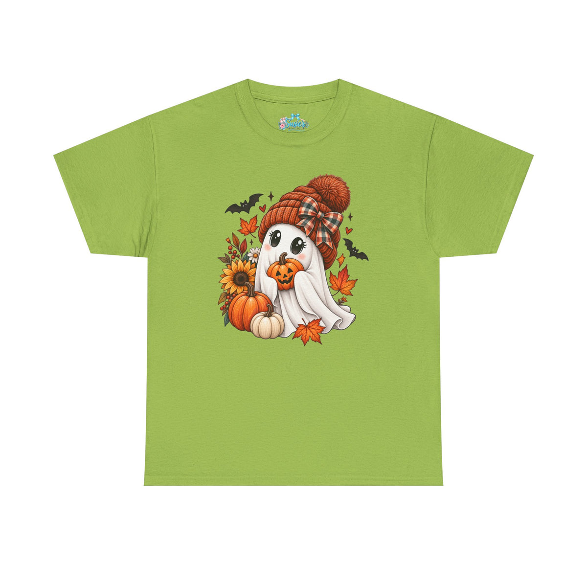 Cute Ghost Wearing Knit Hat Tee | Halloween Fall Pumpkin Leaves